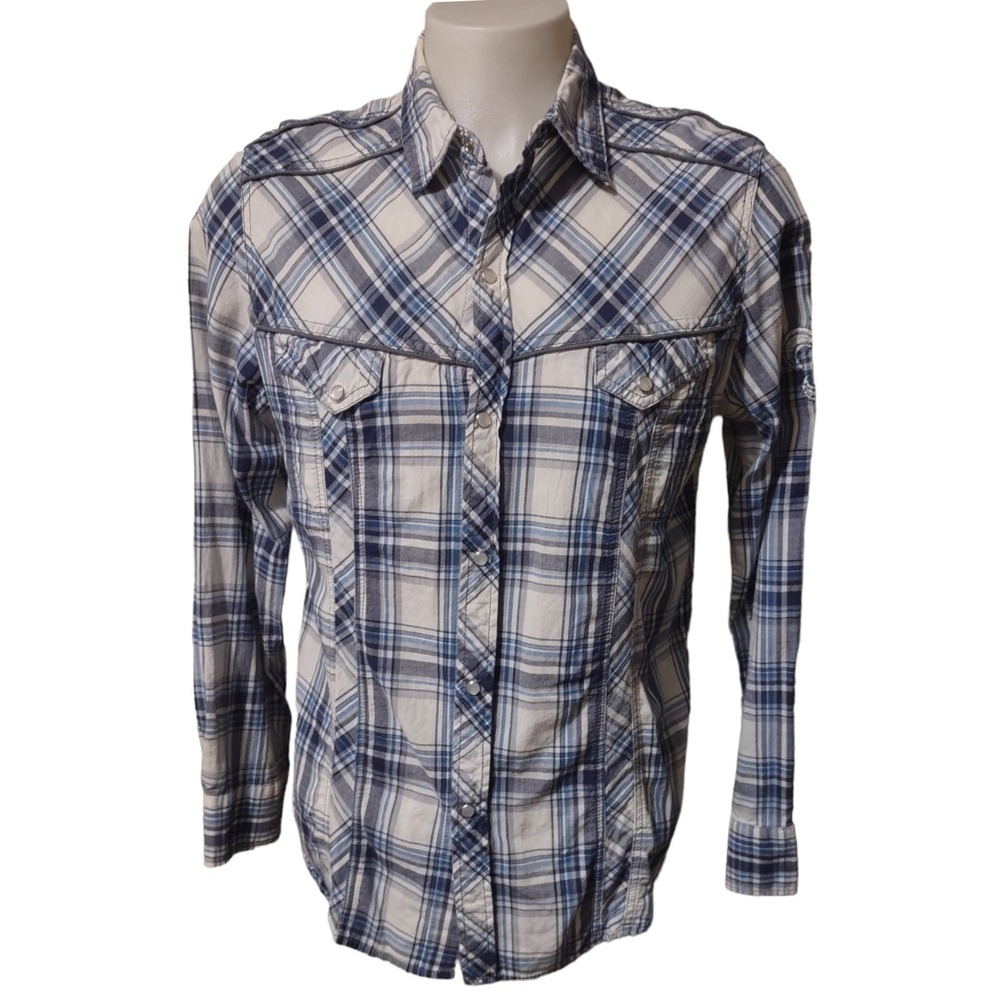 Western Pearl Snap Shirt Pop Icon Clothing Buckle Blue White Plaid Cowboy XL Y2K